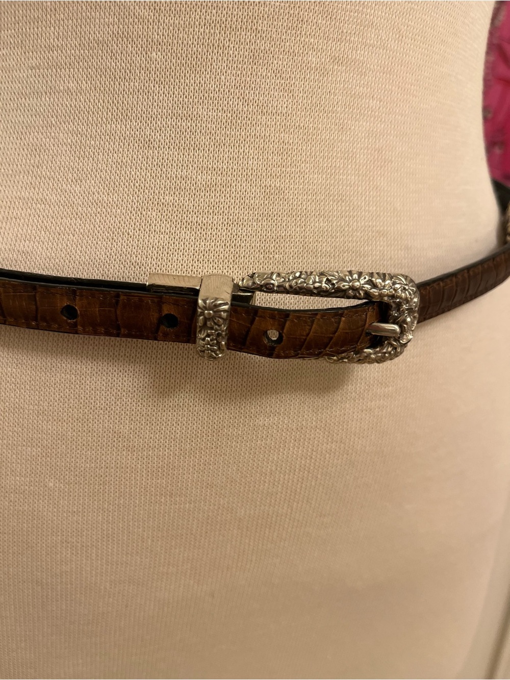 Brighton Skinny Croc-Embossed Belt with Floral Silver Buckle & Hardware